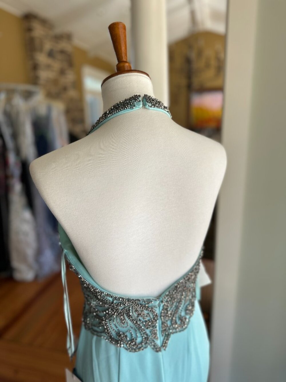 NWT Colette by Mon Cheri Aqua Beaded Prom Gown Style 8065CL - Size 4 - Picture 6 of 10